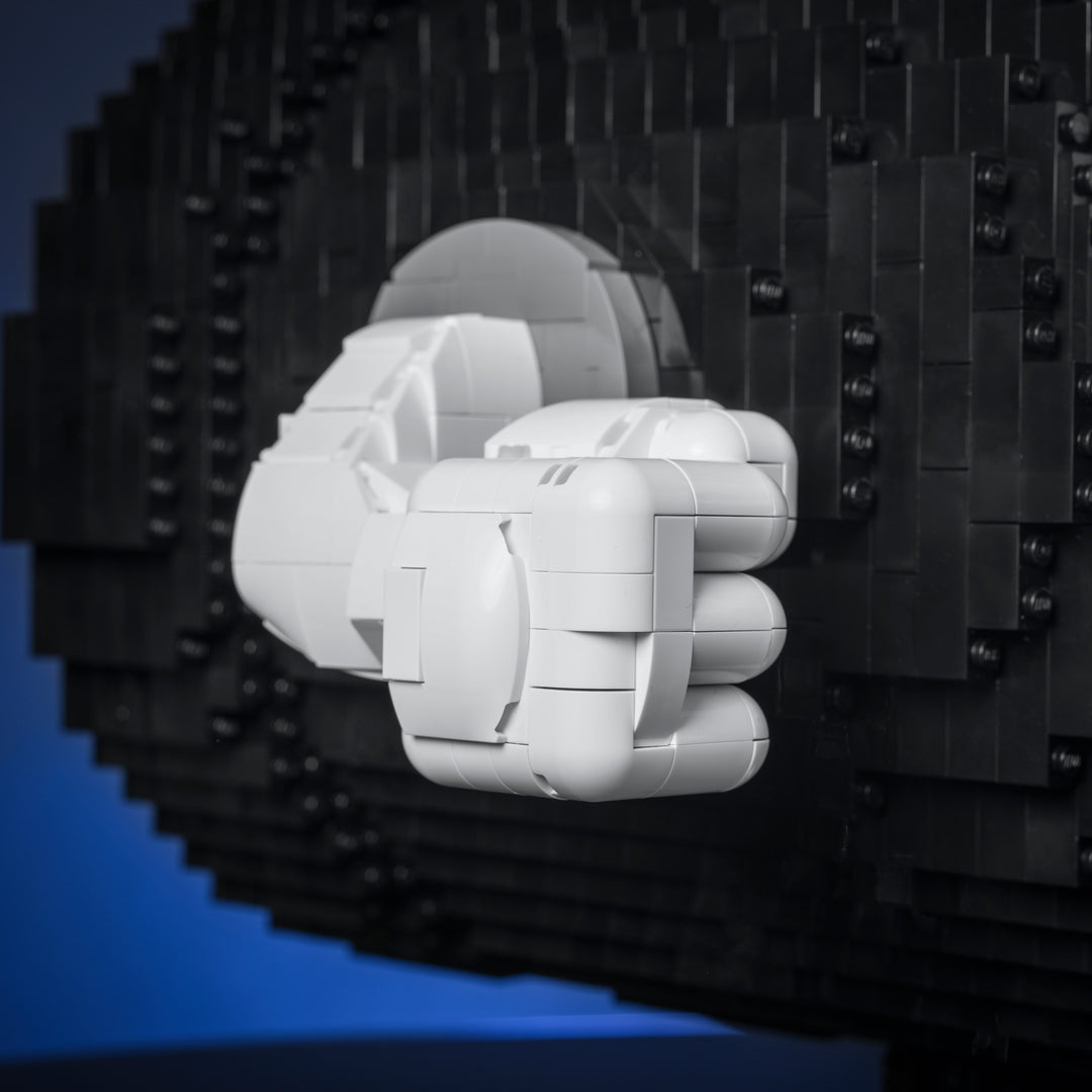 Angry Bill made of Lego bricks hand angle