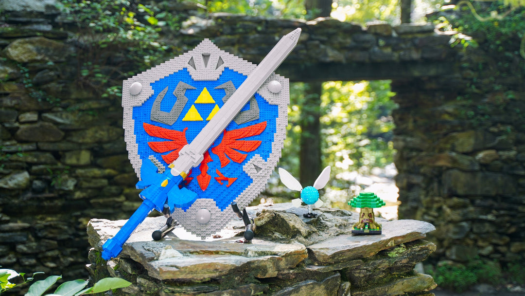 italian plumber and red mushroom sculptures built with lego bricks on the brick steps