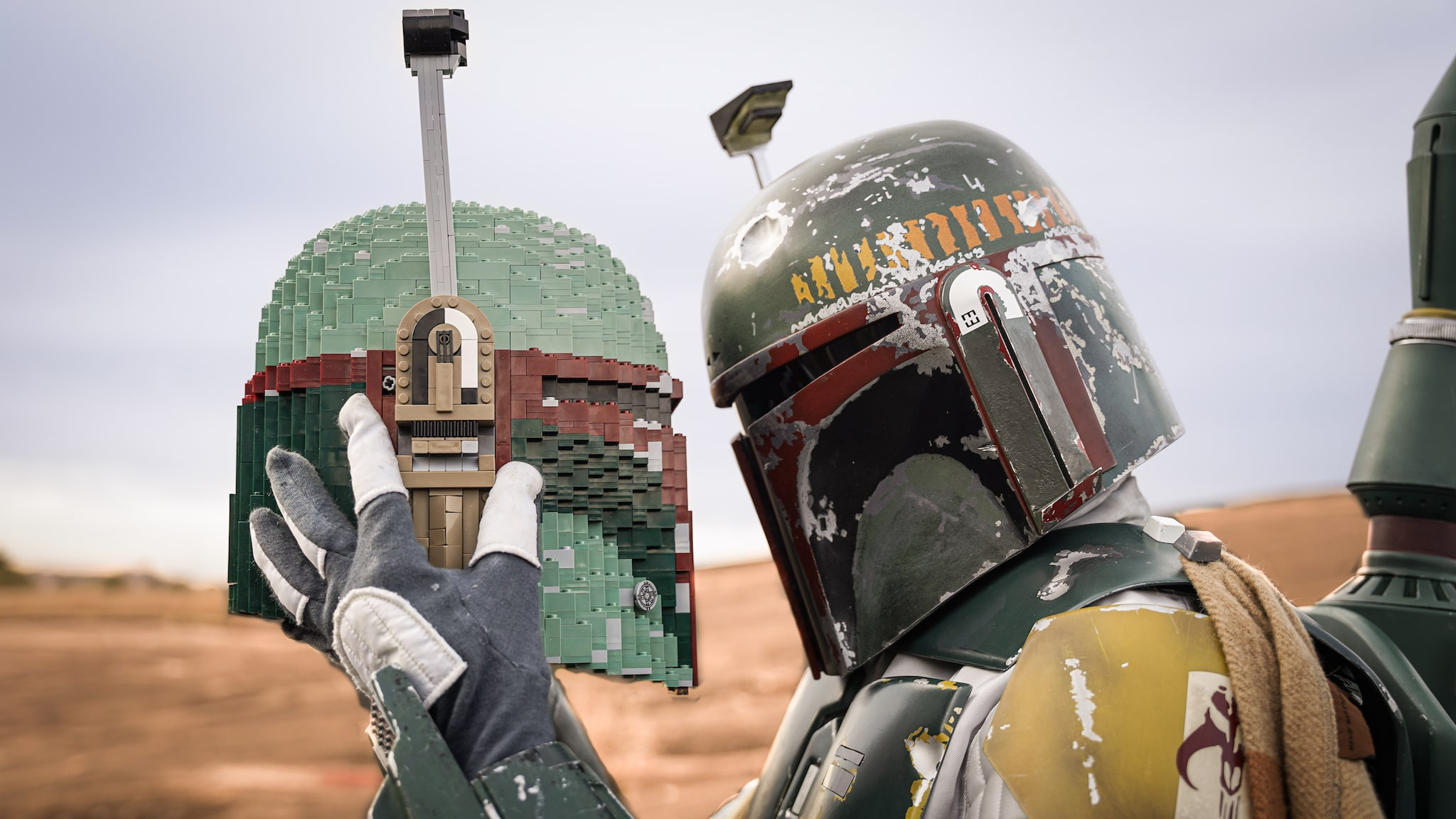 Boba Helmet Life-Sized Replica in LEGO Bricks with Boba Fett Cosplayer by Bricker Builds